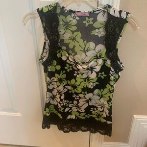 Floral Lace Trim Top - Black and Green